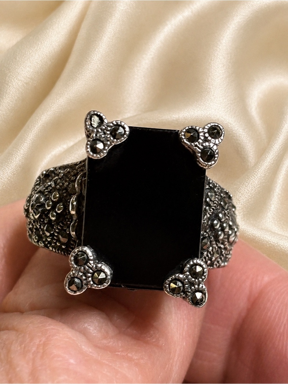Sterling Silver Black Onyx & Marcasite Statement Ring | Vintage Art Deco Style